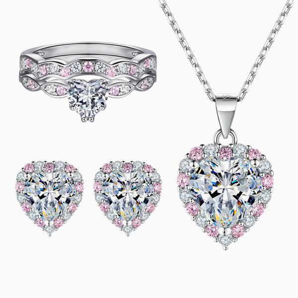Pavé Cubic Zirconia Heart Shaped Halo Sterling Silver Jewelry Set