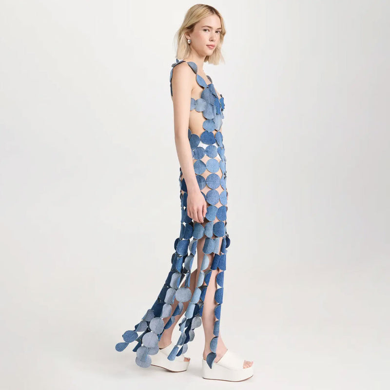 Playful Lacer Cut Circle Cutout Sleeveless Denim Applique Maxi Fringe Dress