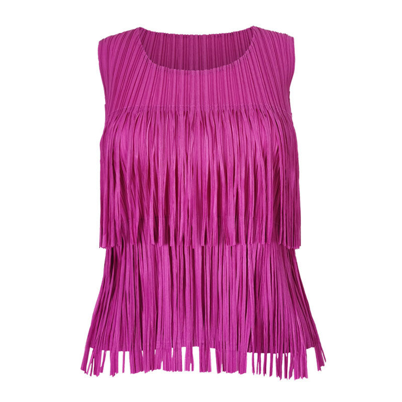 Playful Tiered Fringed Round Neck Monochrome Pleated Sleeveless Top