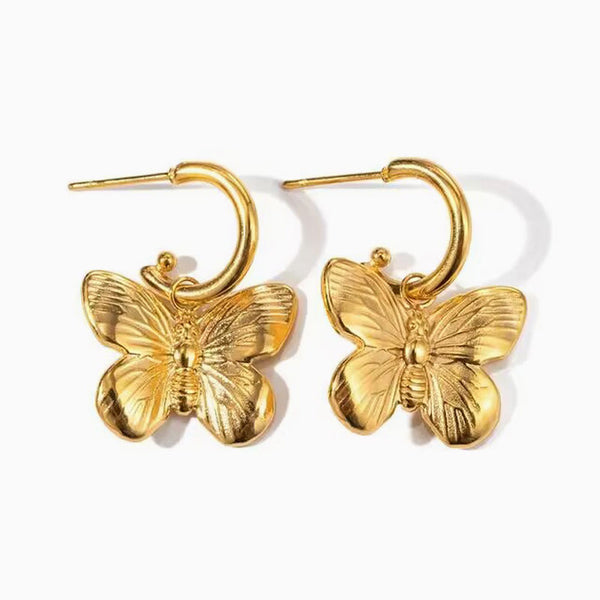 Polished 18K Gold Plated Oversized Butterfly Half Hoop Dangle Earrings