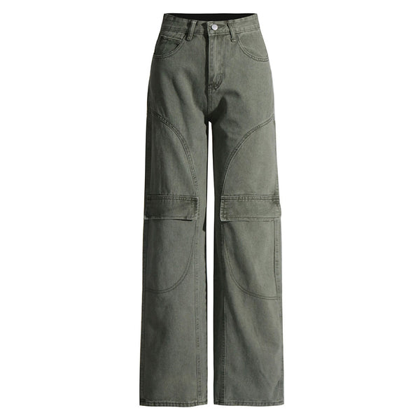 Practical Solid Color High Waist Straight Leg Denim Cargo Jeans