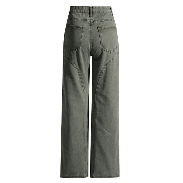 Practical Solid Color High Waist Straight Leg Denim Cargo Jeans