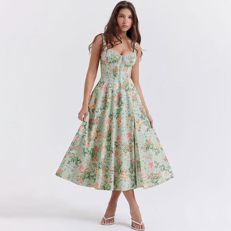 Prairie Printed Tie Neck Bustier Ruched Strap Fit and Flare Split Midi Floral Sundress