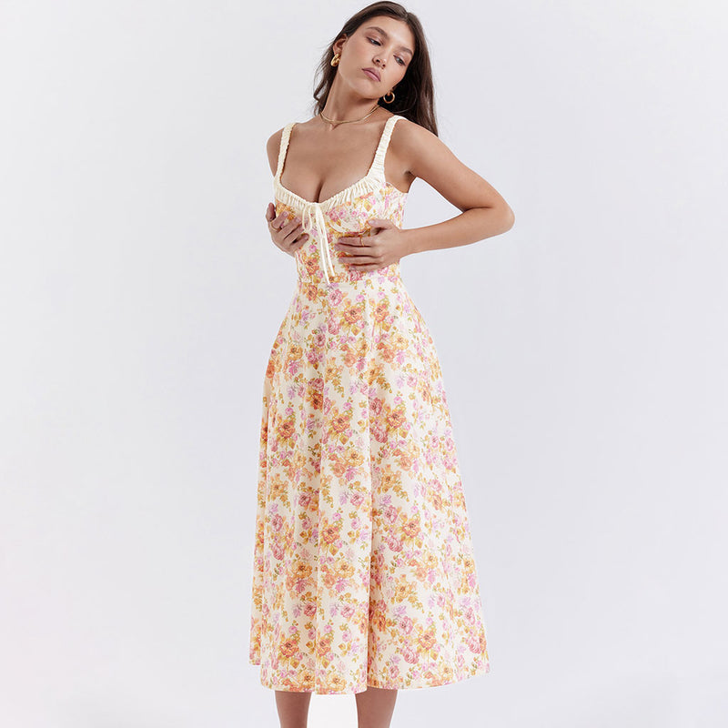 Prairie Printed Tie Neck Bustier Ruched Strap Fit and Flare Split Midi Floral Sundress