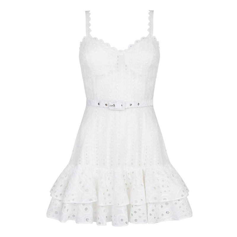 Pretty Scalloped Sweetheart Cami Smocked Belted Tiered Broderie Anglaise Mini Sundress