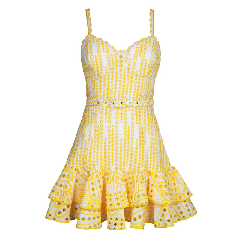 Pretty Scalloped Sweetheart Cami Smocked Belted Tiered Broderie Anglaise Mini Sundress