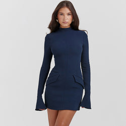 Professional High Neck Flap Trim Solid Bodycon Long Sleeve Party Mini Dress