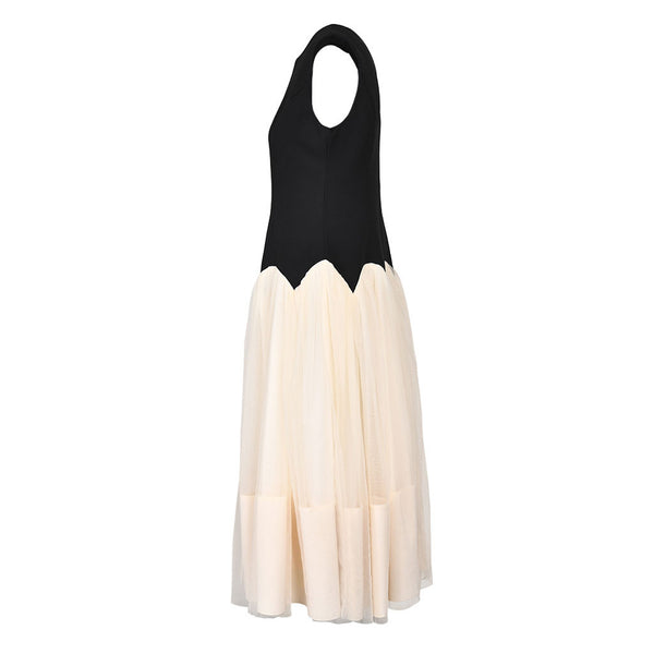 Puffy Crew Neck Contrast Petal Waist Crepe Panel Tulle Midi Sleeveless Dress