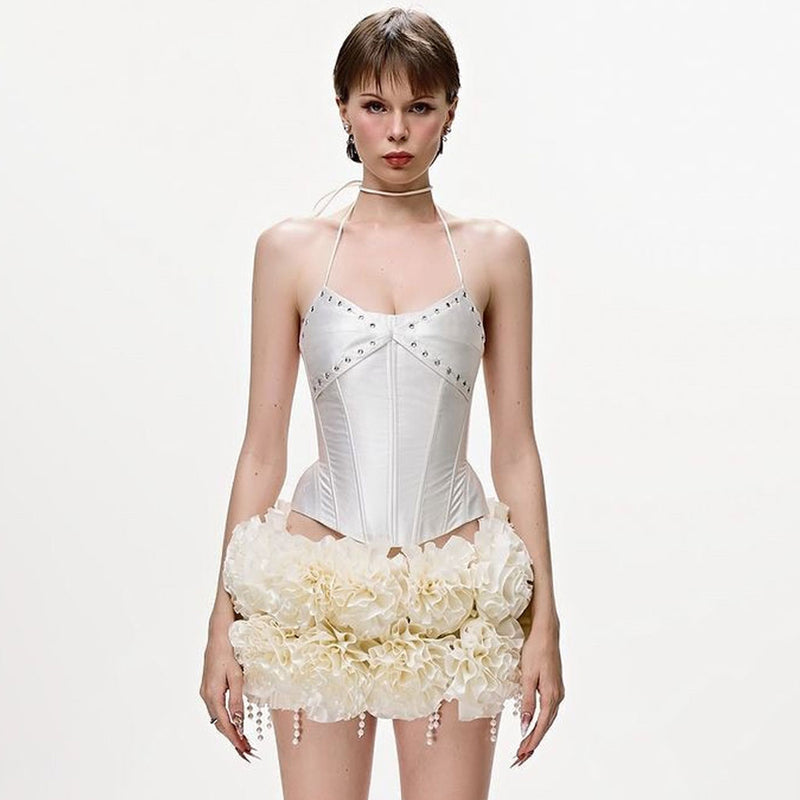 Punk Grommet Lace Up Halter Corset Pearl Rosette Mini Skirt Matching Set