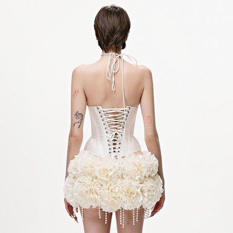 Punk Grommet Lace Up Halter Corset Pearl Rosette Mini Skirt Matching Set