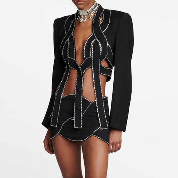 Rebellious Decorated Crystal Rope Low Waist Bodycon Cutout Crop Blazer Matching Set