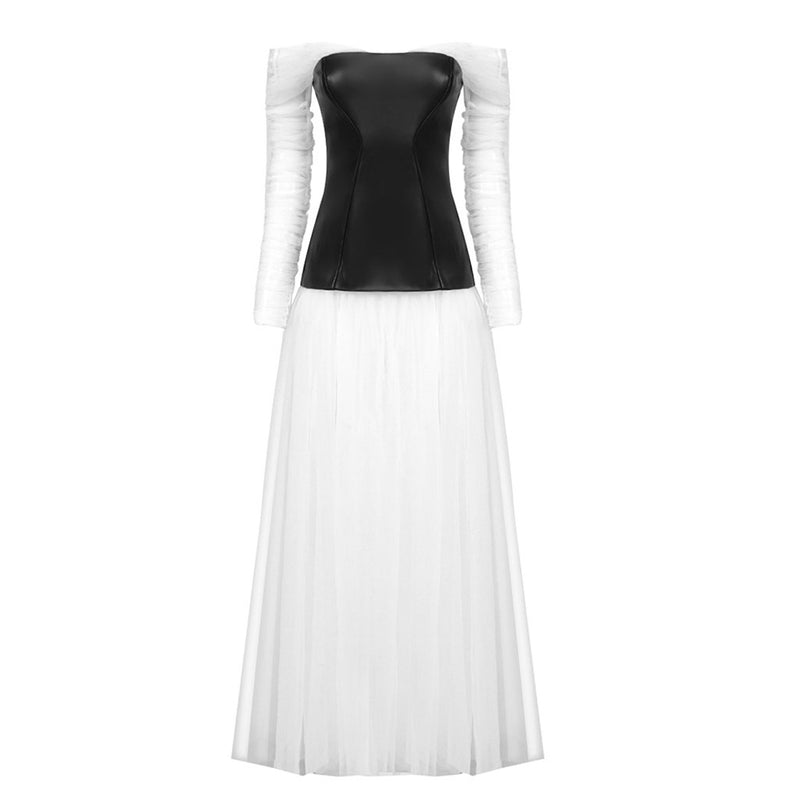 Rebellious Off The Shoulder Vegan Leather Panel Sheer Tulle Maxi Evening Dress