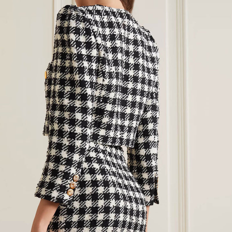 Opulent Shawl Collar Houndstooth Belted Cropped Fluffy Fur Trim