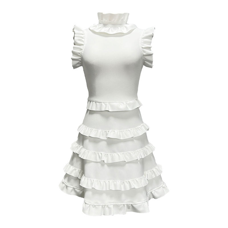 Refine Ruffled Mock Neck Frill Tiered A Line Sleeveless Bandage Knit Mini Party Dress