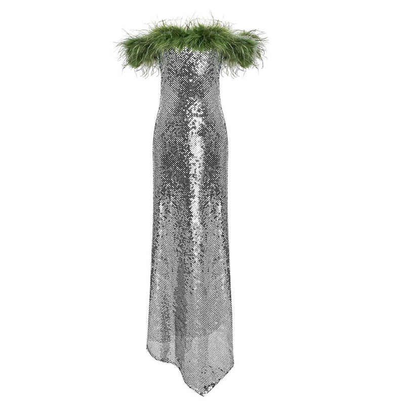 Resplendent Contrast Feathery Off Shoulder Asymmetrical Sequin Evening Dress