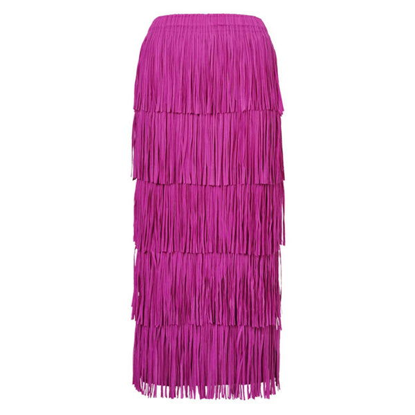 Retro Gatsby Solid Color High Waist Layered Tassel Pleated Midi Skirt