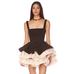 Retro Square Neck Sleeveless Layered Ruffle Tulle Corset Party Mini Dress