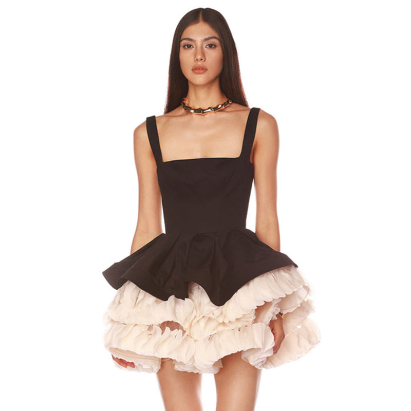 Retro Square Neck Sleeveless Layered Ruffle Tulle Corset Party Mini Dress