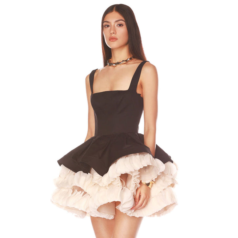 Retro Square Neck Sleeveless Layered Ruffle Tulle Corset Party Mini Dress