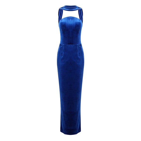 Reversible Sash Halter High Waist Split Bodycon Velvet Evening Maxi Dress
