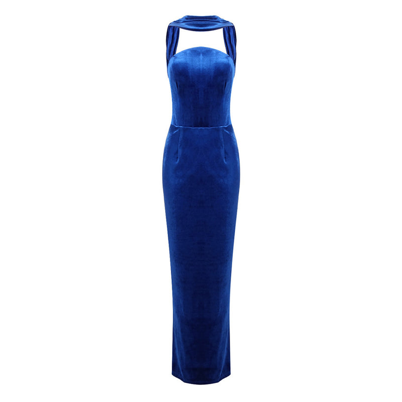 Reversible Sash Halter High Waist Split Bodycon Velvet Evening Maxi Dress