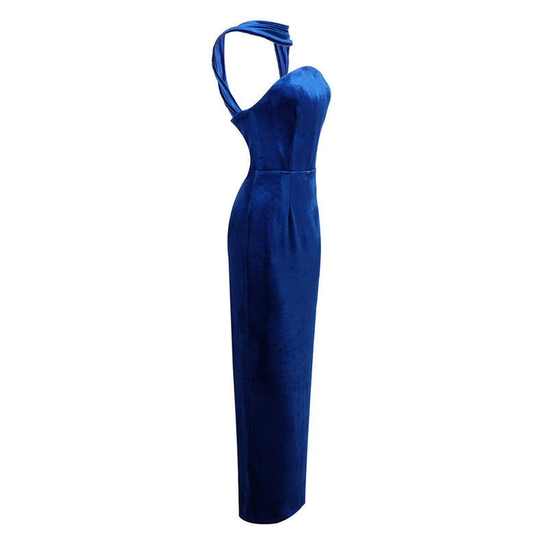 Reversible Sash Halter High Waist Split Bodycon Velvet Evening Maxi Dress