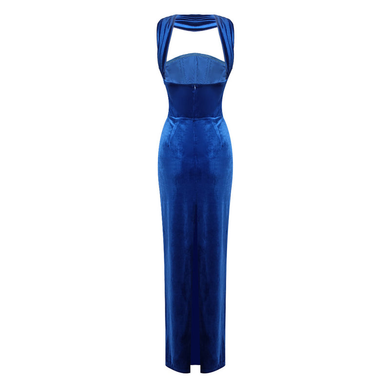 Reversible Sash Halter High Waist Split Bodycon Velvet Evening Maxi Dress