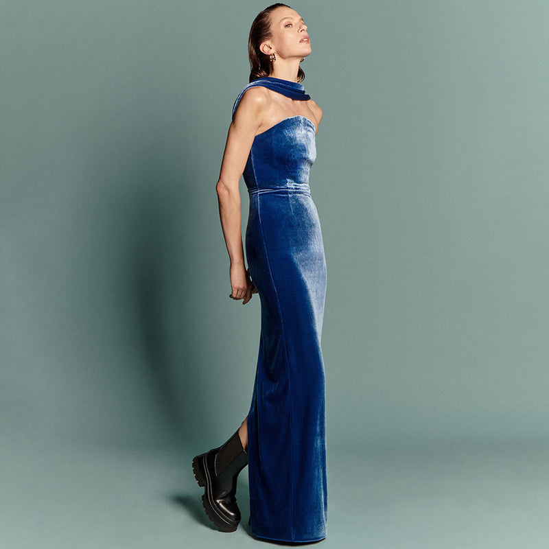 Reversible Sash Halter High Waist Split Bodycon Velvet Evening Maxi Dress