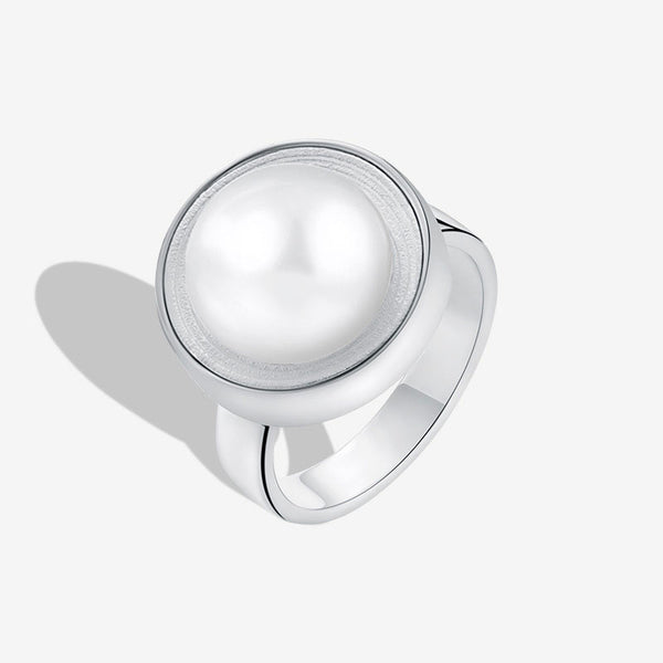Rhodium Plated Sterling Silver Bezel Set Sphere Freshwater Pearl Dome Ring