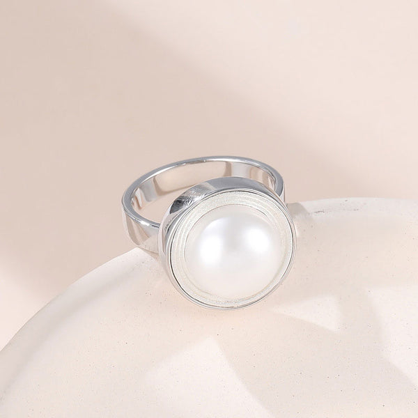 Rhodium Plated Sterling Silver Bezel Set Sphere Freshwater Pearl Dome Ring