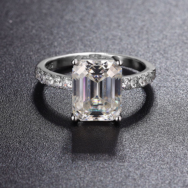 Rhodium Plated Sterling Silver Emerald Cut Moissanite Half Eternity Ring
