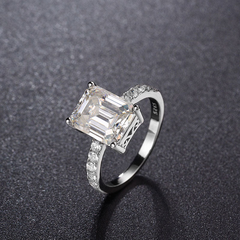 Rhodium Plated Sterling Silver Emerald Cut Moissanite Half Eternity Ring