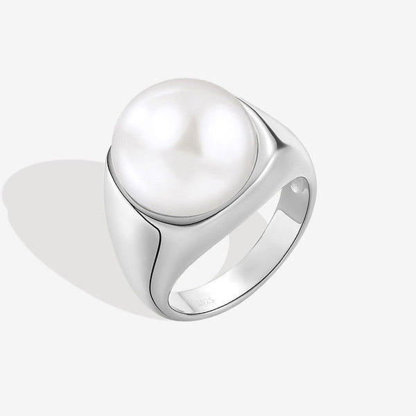 Rhodium Plated Sterling Silver Sphere Freshwater Pearl Dome Ring