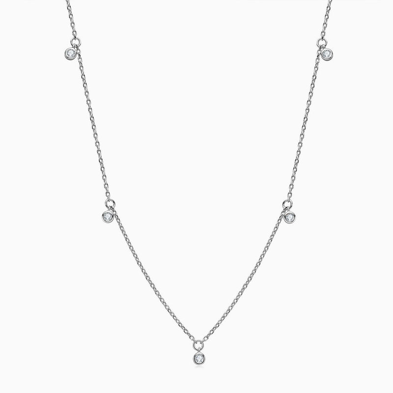 Rolo Chain Rhodium Plated Sterling Silver Dangle Moissanite Droplet Station Necklace