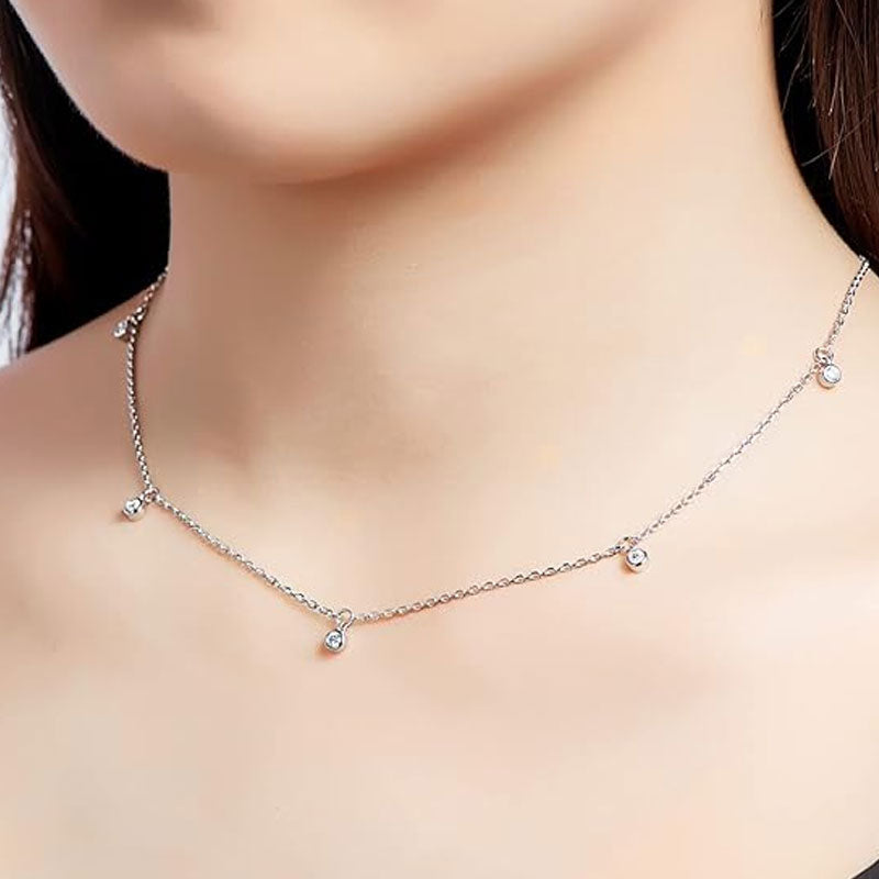 Rolo Chain Rhodium Plated Sterling Silver Dangle Moissanite Droplet Station Necklace