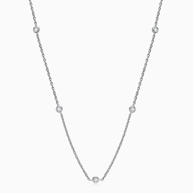 Rolo Chain Rhodium Plated Sterling Silver Moissanite Droplet Station Necklace