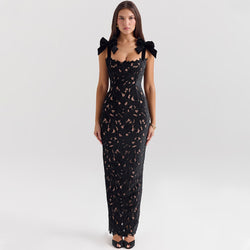 Romantic Bow Trim Sleeveless Bodycon Guipure Lace Maxi Dress