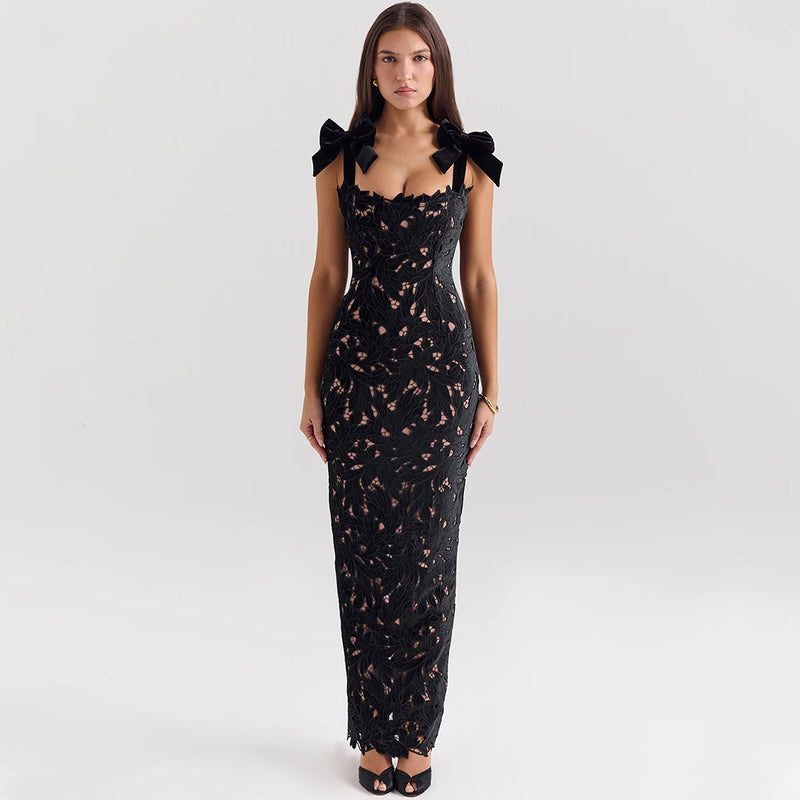 Romantic Bow Trim Sleeveless Bodycon Guipure Lace Maxi Dress