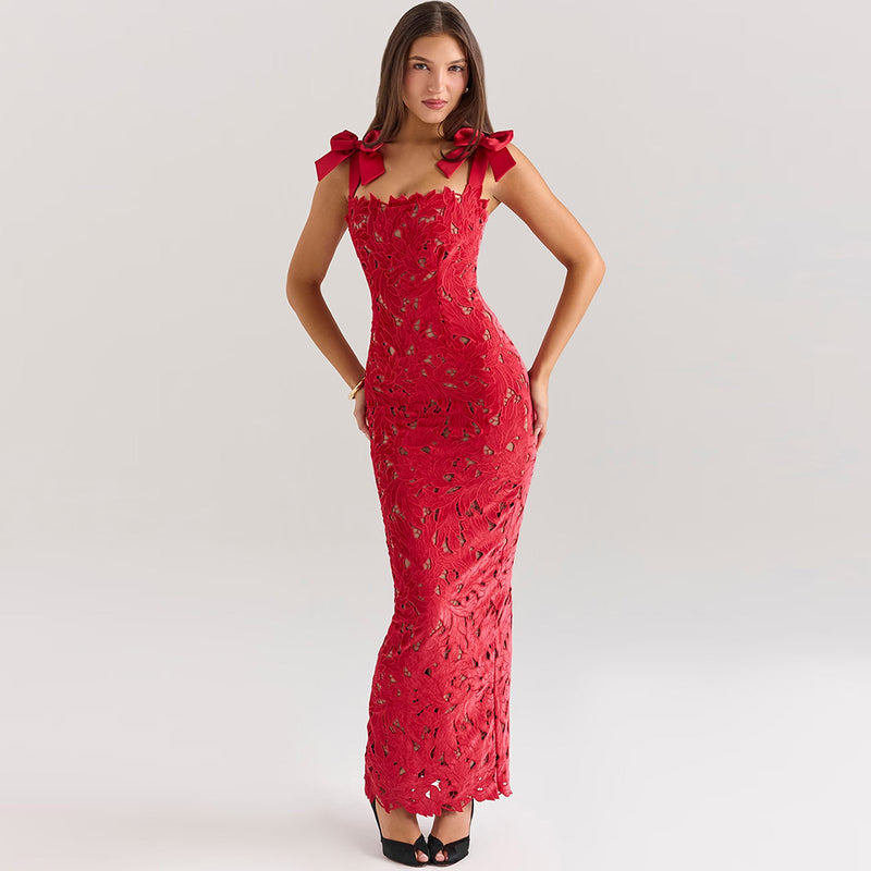 Romantic Bow Trim Sleeveless Bodycon Guipure Lace Maxi Dress