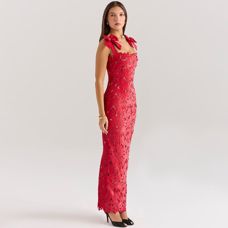 Romantic Bow Trim Sleeveless Bodycon Guipure Lace Maxi Dress