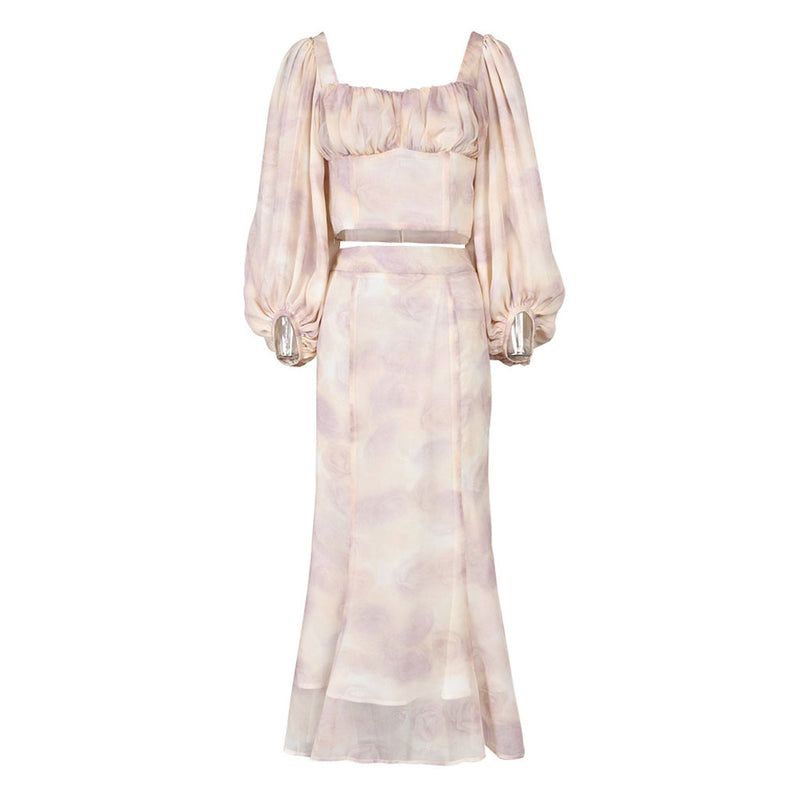Romantic Floral Print Bishop Sleeve Crop Top High Waist Fishtail Skirt Matching Set