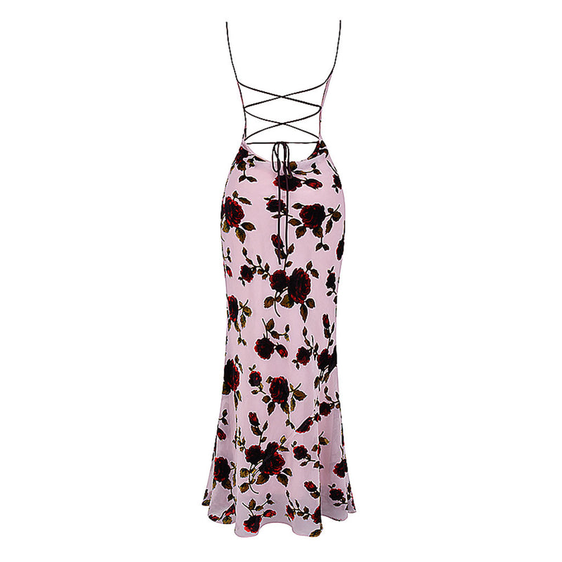 Romantic Floral Print Cowl Neck Cami Lace Up Open Back Maxi Dress