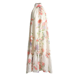 Romantic Floral Print High Neck A Line Sleeveless Tiered Midi Dress