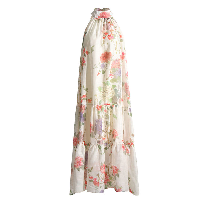 Romantic Floral Print High Neck A Line Sleeveless Tiered Midi Dress