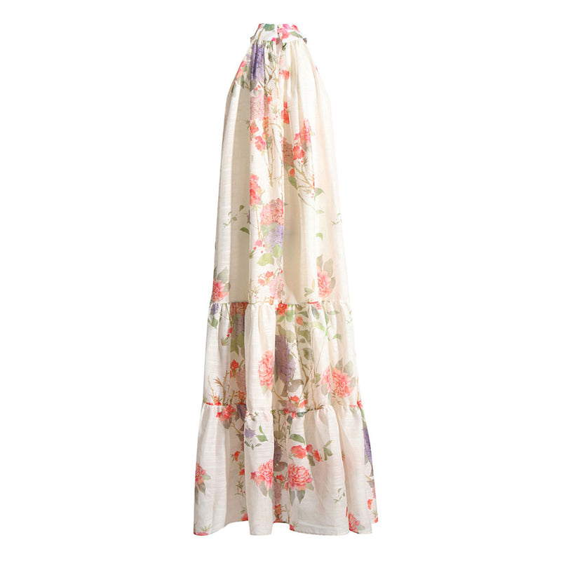 Romantic Floral Print High Neck A Line Sleeveless Tiered Midi Dress