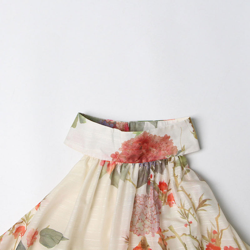Romantic Floral Print High Neck A Line Sleeveless Tiered Midi Dress