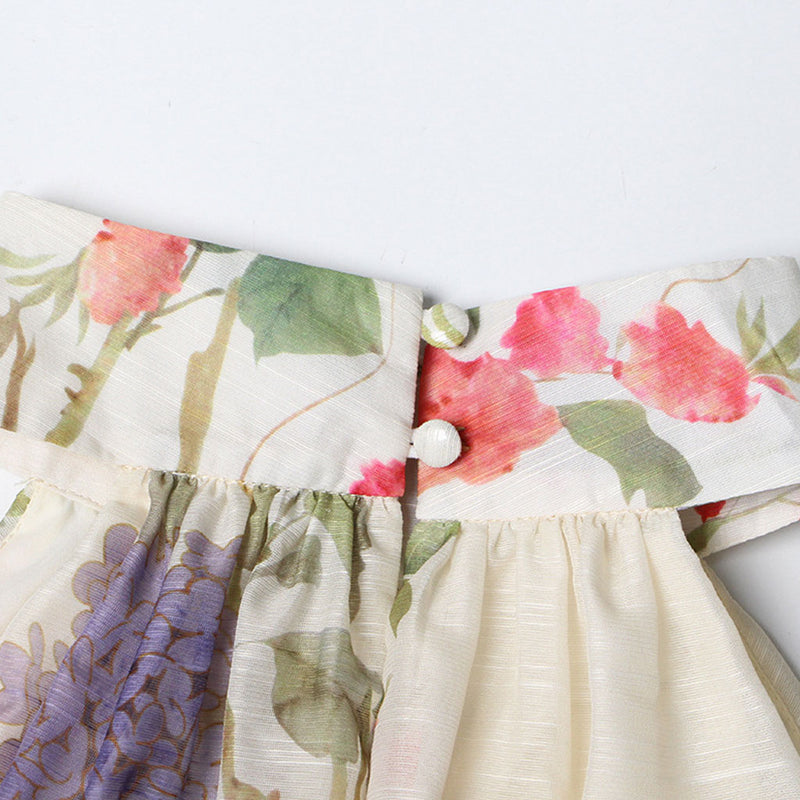 Romantic Floral Print High Neck A Line Sleeveless Tiered Midi Dress