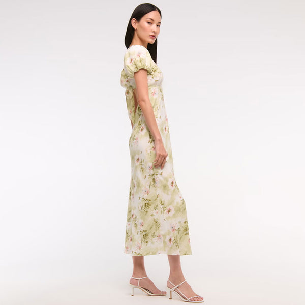 Romantic Floral Print Sweetheart Neck Puff Sleeve Tie Back Cutout Midi Dress