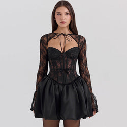Romantic Lace Long Sleeve Shrug Sweetheart Neck Corset Slip Mini Dress