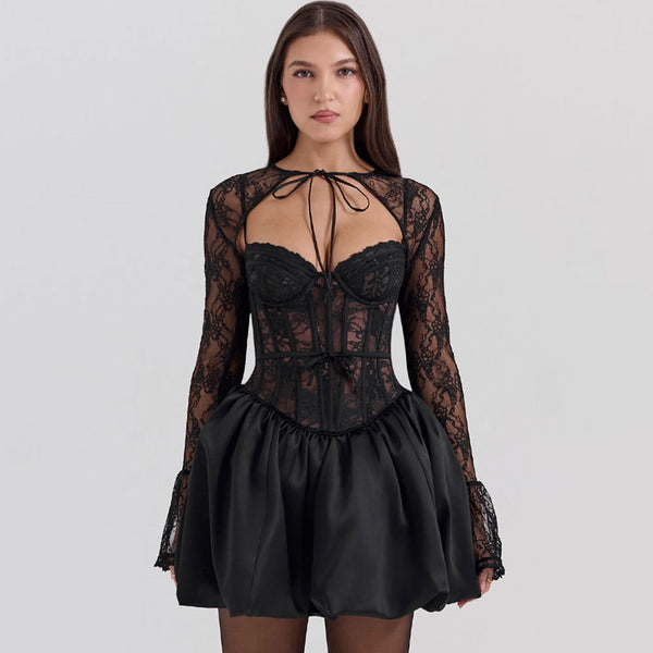 Romantic Lace Long Sleeve Shrug Sweetheart Neck Corset Slip Mini Dress